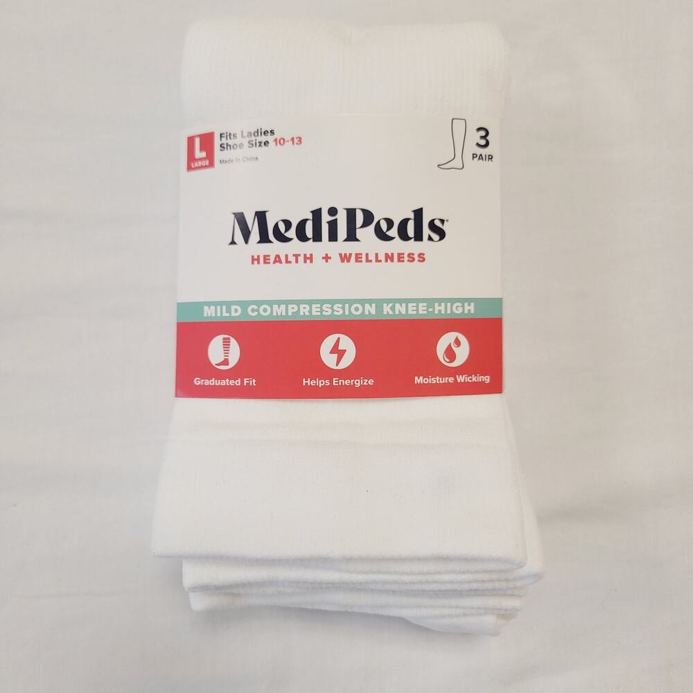 Medipeds Socks Womans Large 10-13 White Knee High Mild Compression Moisture Wick